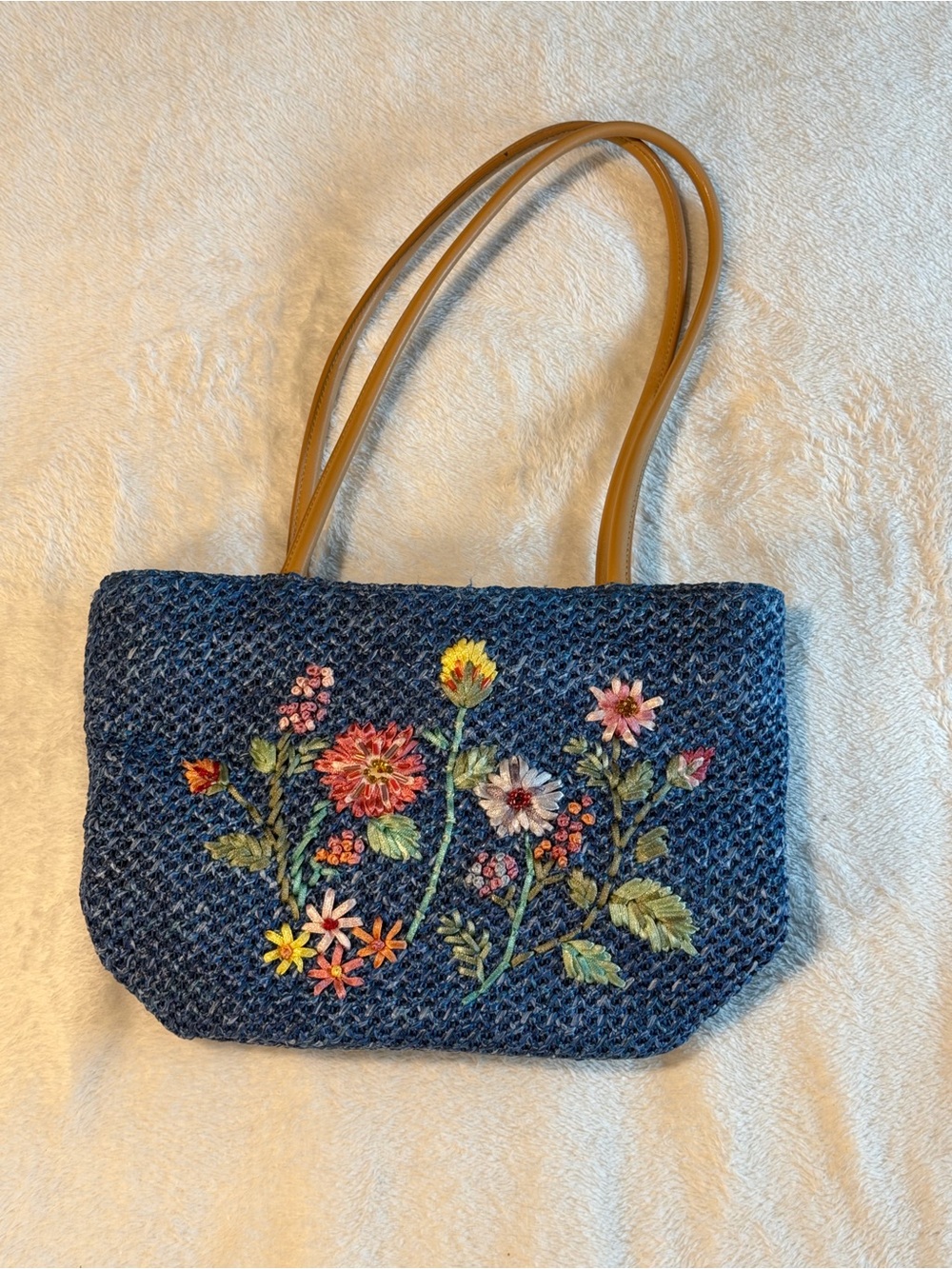Blue Straw Woven Floral Embroidered Shoulder Bag Tote Purse Tan Straps